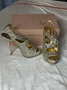 $475 - miu miu Silver Glitter Platform Open-toe Sandals - Size 39 - Orig Price $ - Picture 1 of 4