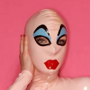 Rosa Latex Kopfmaske Bondage offener Mund volle Kapuze Reißverschluss Rücken Fet - Bild 1 von 5