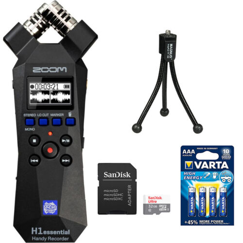 Zoom H1essential 2-Spur tragbarer Recorder mit SD-Karte, Akku & Stativ Bundle