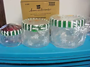 NIB VTG HOME INTERIORS CLEAR GREEN WHITE SNOWMAN DECORATIVE CANISTER SET OF 3 - Picture 1 of 3