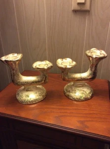 Vintage Set Of Two Green And Gold Accent Tapered Candle Holder Yona 303 - Picture 1 of 12
