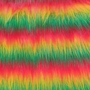 Long Haired Faux Fur Fabric - Red/Tango/Flavine/Emerald Stripe - AC 356 / YF54 - Picture 1 of 3