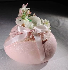 Little White Easter Bunny on Pink Sparkle Egg Easter Decoration - Picture 1 of 4