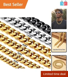 Sturdy Black Plated Cuban Chain Necklace - 3mm to 12mm Widths, Lobster Clasp - Picture 1 of 11