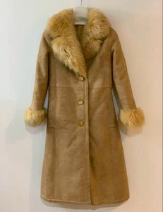 Vintage Real Mouton Shearling Coat Beige Suede Fur Long Warm Belted M  Womens - Picture 1 of 24