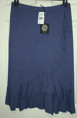 Nova Saia Midi BOBEAU Faux Wrap Guarnição de Babado Elástica L Denim Azul Nova Com Etiqueta - Imagem 1 de 4