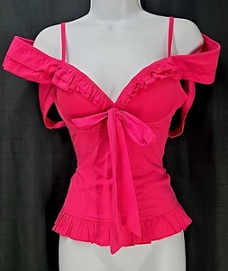 D & Jeans Pink Ruffle Bustier Top Peplum Padded Adjustable Spaghetti Strap SMALL - Picture 1 of 9