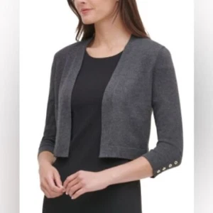 Tommy Hilfiger Gray Open Front Cardigan Lightweight Sweater Embellished Sleeves - Picture 1 of 7