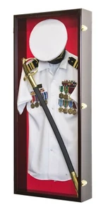 Military Shadow Box Uniform Sword Gun Pin Navy Hat Display Case - Lockable - Picture 1 of 32