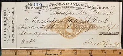 1874 **THE NORTH PENNSYLVANIA RAILROAD CO.** PHILADELPHIA BANK CHECK+"VIGNETTE"! - Image 1 of 4