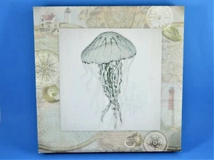 Wall Art Jellyfish Nautical Theme Stretched Canvas On Wood Frame 12X12X1.5 Inch - Picture 1 of 8