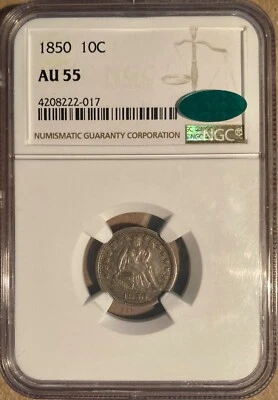 1850 AU55 NGC & CAC Liberty Seated Dime 10c - Image 1 of 2