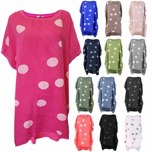 Ladies Italian Polka Dot Linen Baggy Tunic Women Summer Lagenlook Top Plus Size - Picture 1 of 24
