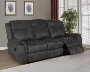 CHARCOAL GREY PERFORMANCE COATED MICROFIBER RECLINING SOFA LIVING ROOM FURNITURE - Picture 1 of 7