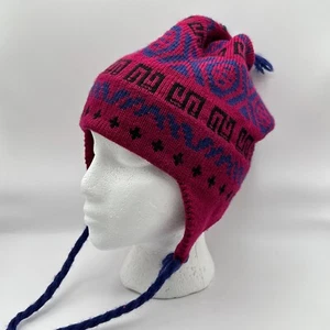 Vintage Helly Hansen Beanie Ski Hat Pink Blue Fair Isle Tribal Wool Cap Ear Flap - Picture 1 of 9
