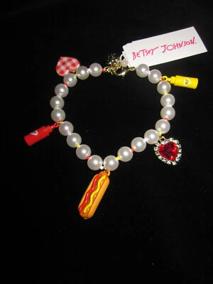 BETSEY JOHNSON SUMMER HOT DOG MUSTARD KETCHUP HEART WITH FAUX PEARL BRACELET - Image 1 of 3