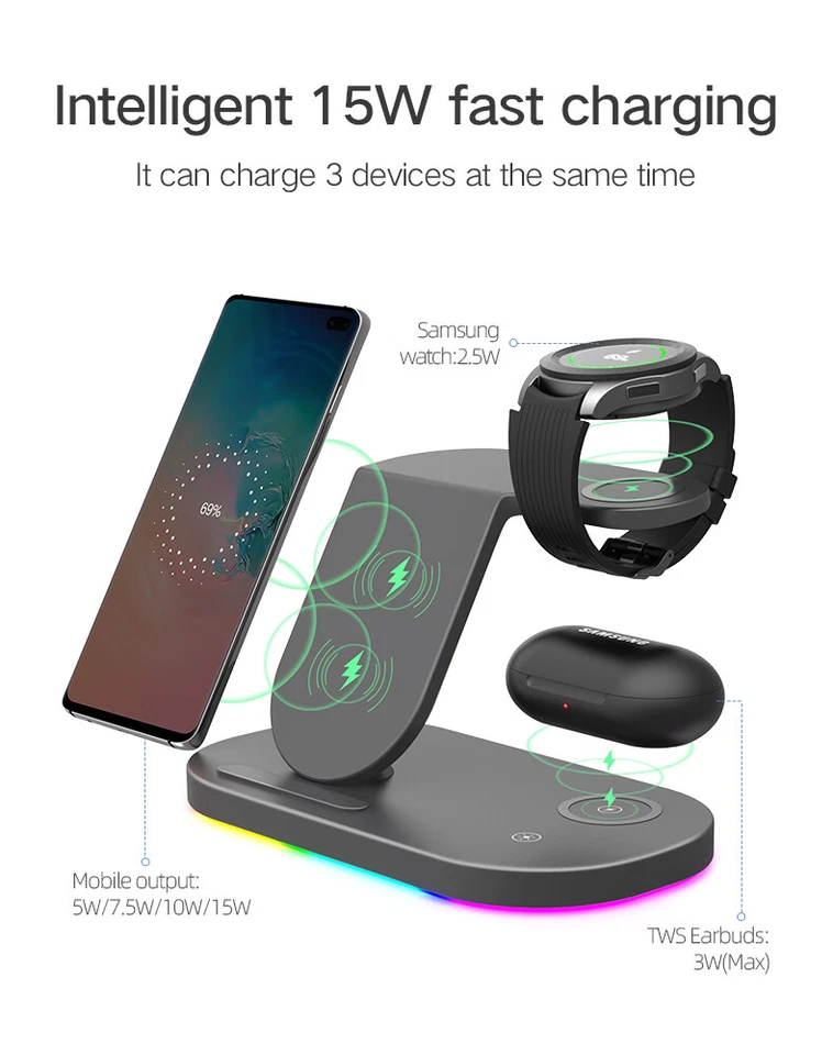 Wireless Charger Charging 3In1 For Android Apple Watch Air Pods iPhone 14 13 12 - Image 1 of 4