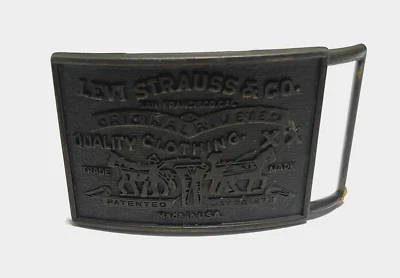 LEVI STRAUSS CO Label VTG 80s Brass Belt Buckle Original Riveted USA 3.5" x 2" - Image 1 of 4