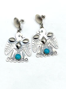 Orecchini Sterling Thunderbird Turchese Post Pendenti Repousse Navajo Tim Yazzie - Foto 1 di 13