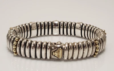 Lagos Caviar Sterling Silver 18k Yellow Gold Beaded Station Fluted Bracelet 7.5" - Image 1 of 4