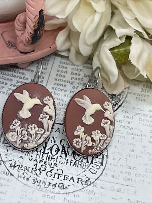 Hummingbird Brown  Bridal Cameo Silver Plate earrings wedding gift anniversary - Image 1 of 4