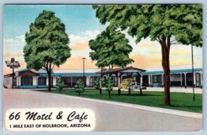 1930-40 66 MOTEL & CAFÉ HOLBROOK ARIZONA COCHE ANTIGUO POSTAL LINO VINTAGE - Imagen 1 de 2