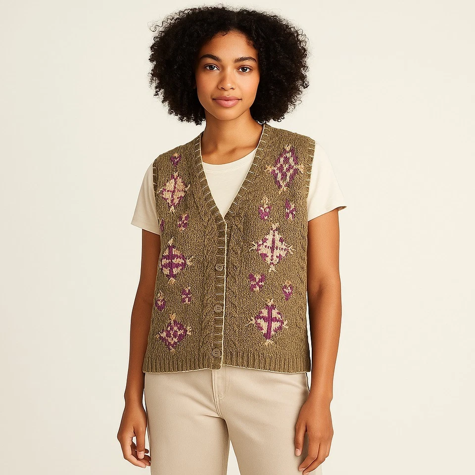 Suéter Vintage Isla Norte Mujer S Verde Tejido a Mano Étnico Cottagecore Chaleco Foto 1 de 4