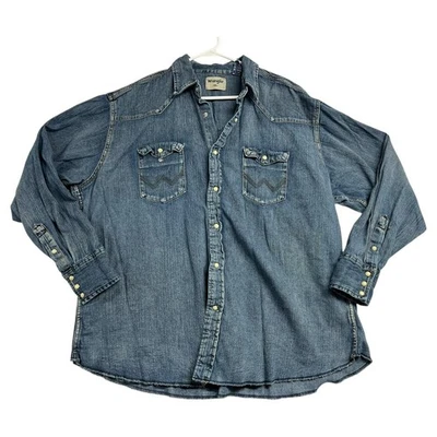 Wrangler Denim Western Shirt Mens 2XL Blue Pearl Snap Cowboy Rugged Long Sleeve - Image 1 of 4