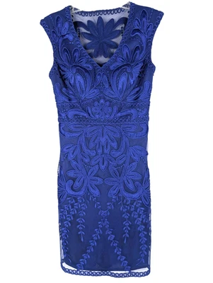 Vestido SUE WONG Bordado Floral Forrado Talla 4 Azul Cóctel Retro Años 20 Aleta Foto 1 de 4