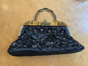 Vintage 1950s Beaded Satin Evening Bag with Faux Tortoiseshell Frame - Picture 1 of 12