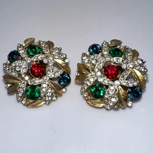 Sphinx vintage gold plated blue green red clear rhinestones clip on earrings - Picture 1 of 9