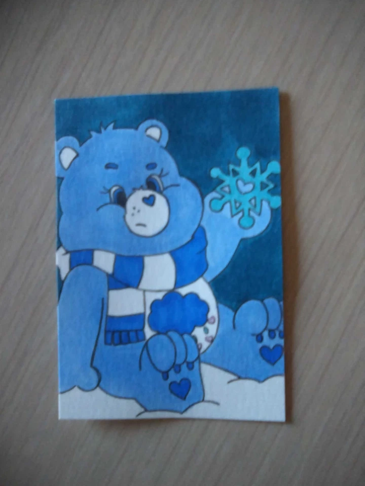 Tarjeta de arte de pintura ACEO original de medios mixtos ATC dibujos animados cuidado osos 49 Navidad Foto 1 de 1