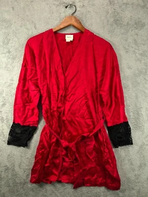 VTG 80s Neiman Marcus 100% Silk Robe Red Charmeuse Black Chantilly Lace Small - Image 1 of 4