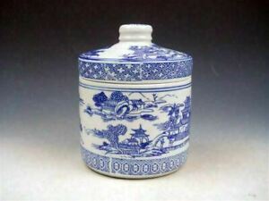 Blue&White Landscape Scenery Porcelain LARGE Tea Caddie Jar w/ Cover #01282109