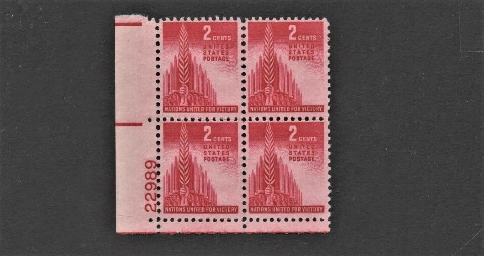 1943 U.S. 2c Carmine ALLIED NATIONS  Plt#Blk of 4 Sc#907 M/NH/OG Pristine ^ - Image 1 of 1