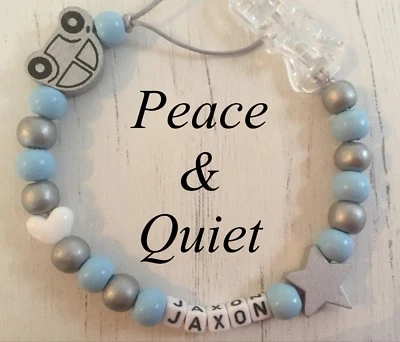PEACE & QUIET Personalisierter Schnullerclip💙Holz🚙Schnullerkette🚙silber💙grau🚙blau💙Junge🚙Auto #PWP