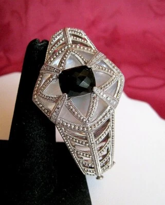 JUDITH JACK 925 STERLING SILVER ONYX & MOP FILIGREE BANGLE BRACELET 8.5" 41.9 GR - Image 1 of 4