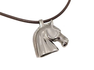 Authentic Hermes Necklace Pendant Horse Motif Metal Brown Leather Cheval Choker - Picture 1 of 9