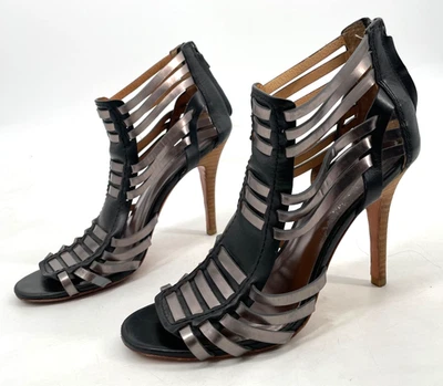 Coach Womens 8.5 B Black Silver Lucy Gladiator Heeled Leather Sandal zip back - Image 1 of 4