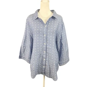 Camicia Chico's 3 XL con bottoni 100% cotone garza blu bianco a pois manica 3/4 - Foto 1 di 12