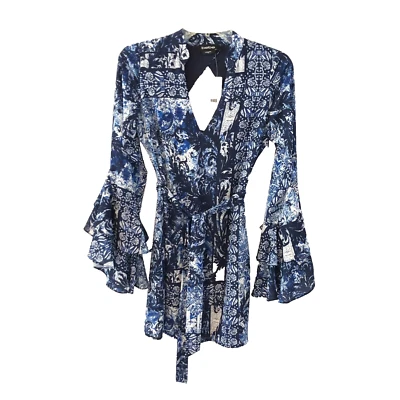 NUEVO Mini Vestido Bebe Mujer Azul Blanco Campana Manga Larga Talla 00 Corte Espalda Foto 1 de 4