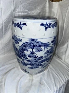 Hand Painted Blue & White Dragon Design Porcelain Garden Stool 14"h x 9.5"w Seat - Picture 1 of 10