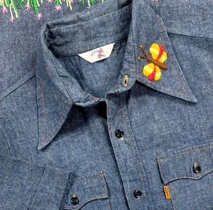 Vtg 70s Levi's Orange Tab Chambray M Shirt Embroider Hippie Floral Rare Cursive - Picture 1 of 23