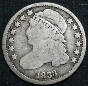 Moneda de diez centavos busto tapado 1833 EE. UU. últimos 3 altos 10 centavos moneda de plata de diez centavos .892 - Imagen 1 de 8