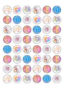48 Round Edible Fireworks themed Wafer Paper Cupcake Cake Toppers - New Year - Picture 1 of 1