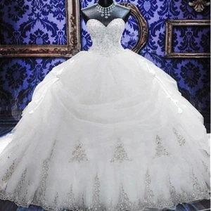 Luxury Crystal Beaded Sweetheart Wedding Dress with Bow White Ivory Bridal Gowns - Picture 1 of 9
