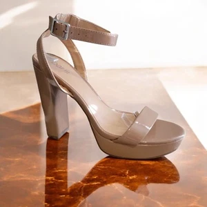 Bar III Womens Camel Patent Leather Strappy Platform Block Heel Sandals US 9.5M - Picture 1 of 8