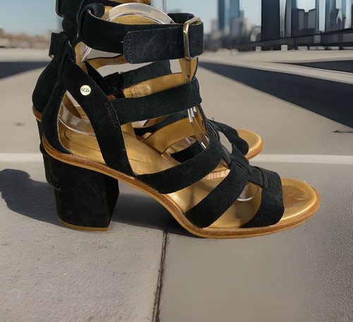 Sandali UGG donna taglia 8 5 US neri scamosciati macayla tacco a blocco con cinturino