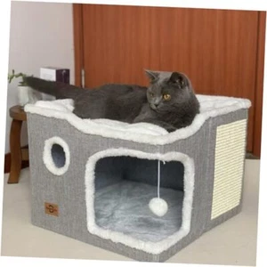Cat Bed for Indoor Cats,Covered Cat Cave House & Furniture Light Gray 2-level - Picture 1 of 7