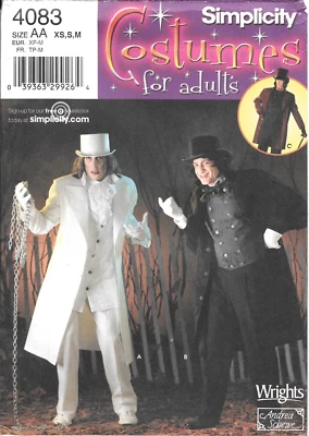 Uncut Simplicity Sewing Pattern # 4083 Men's Frock Coat Cape Hat Costume: XS-S-M - Image 1 of 2